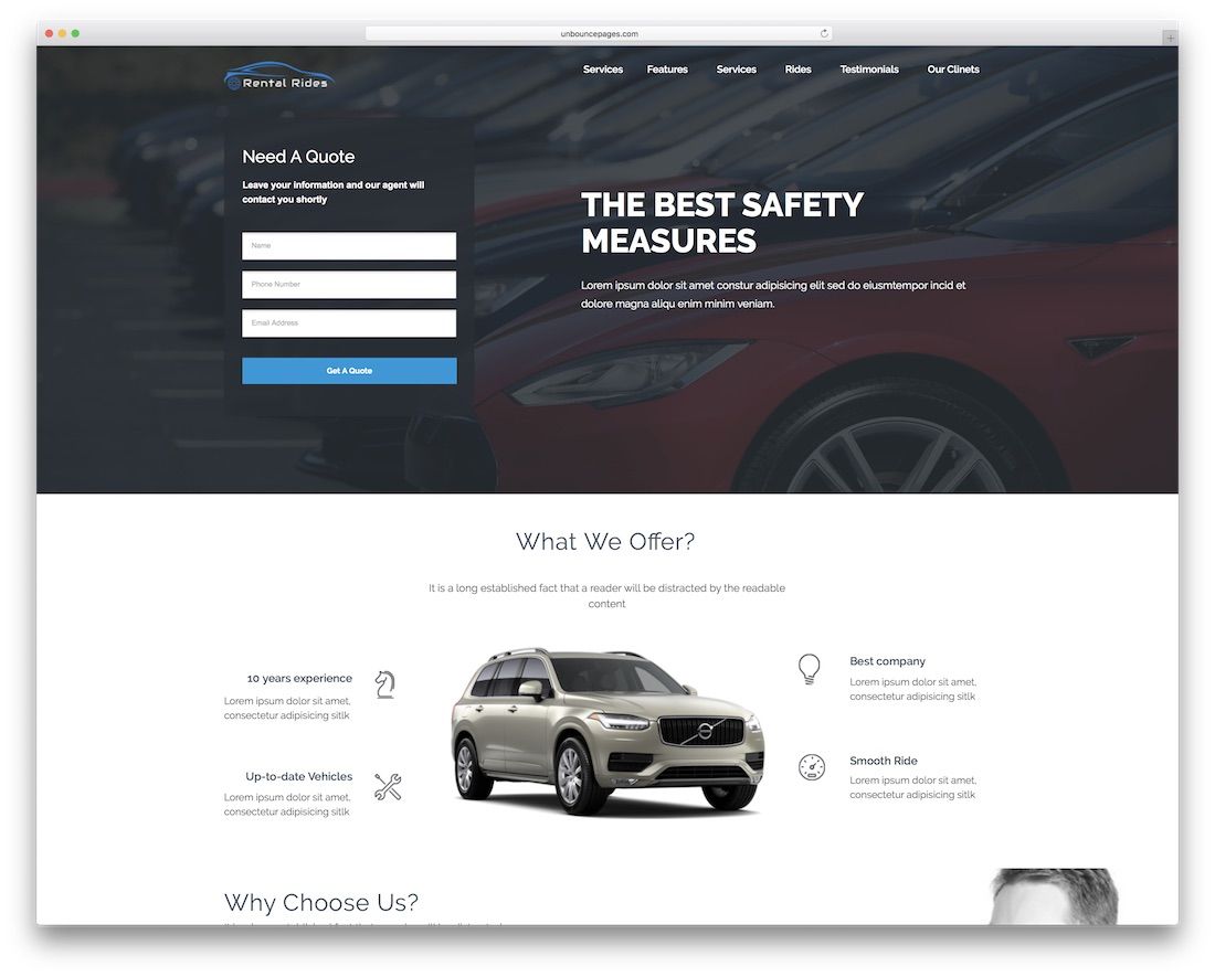 rental rides unbounce landing page template