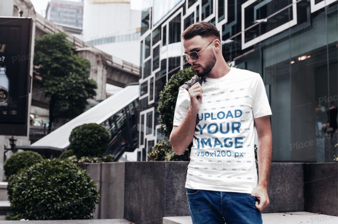 t-shirt mockup featuring a stylish man in the city