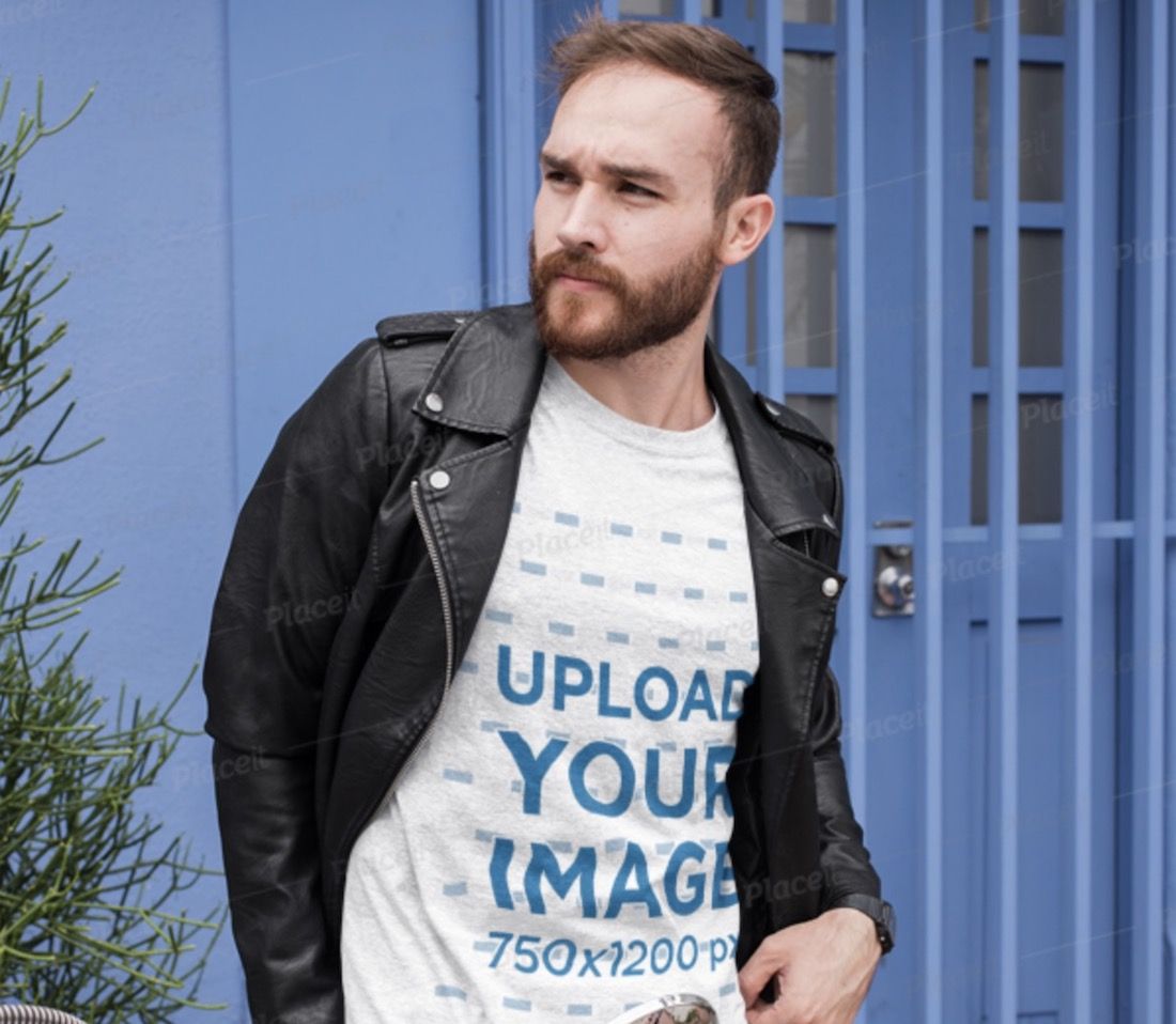 t-shirt mockup of a bearded man with a leather jacket