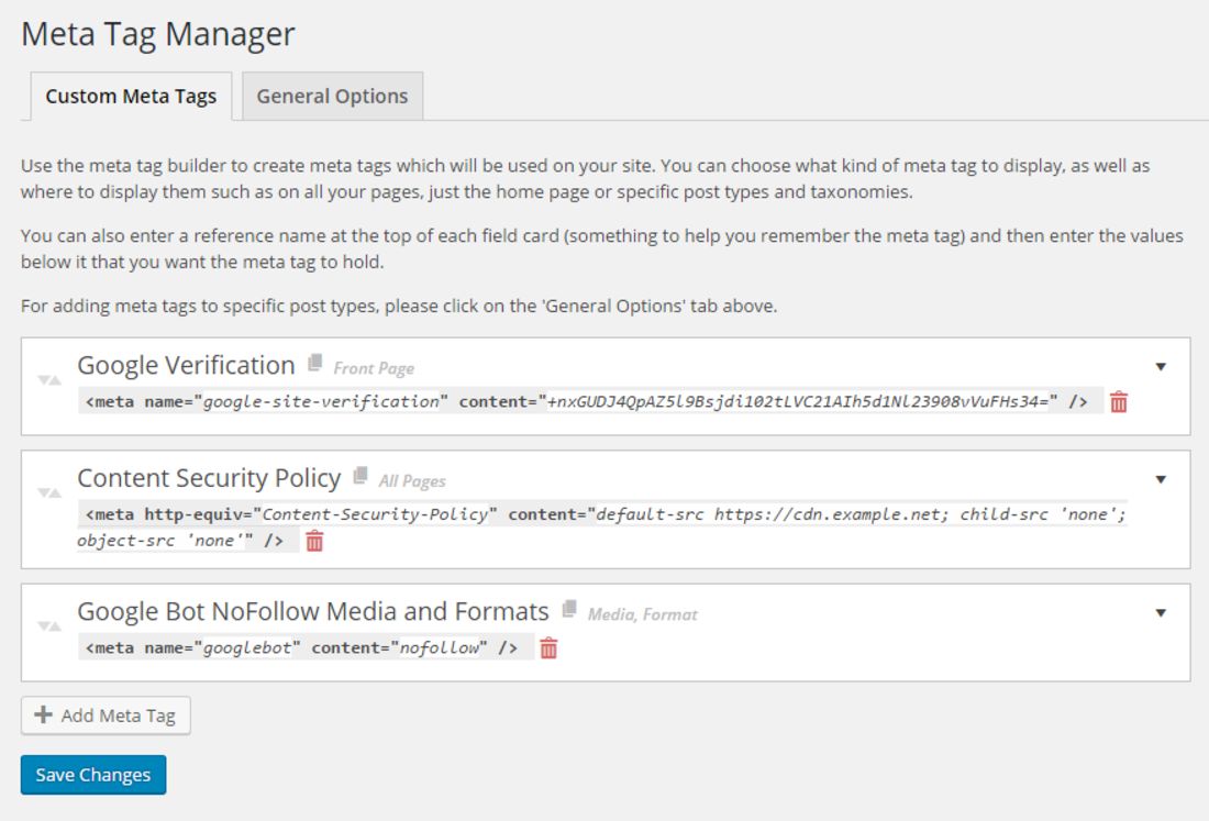 Meta Tag Manager by Marcus Sykes settings