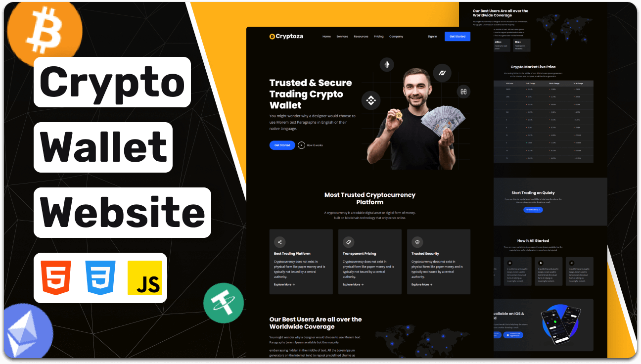 Cryptoza – Responsive Cryptocurrency Wallet Website Template (HTML, CSS, JavaScript)